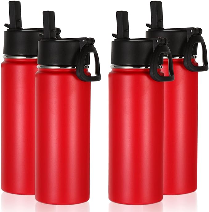 Volhoply 18oz Insulated Water Bottle Bulk 4 Pack,Kids Stainless Steel Water Bottles with Straw,Double Wall Vacuum Metal Water Bottle,Wide Mouth Reusable Sport Flask For Cold Drink(Red,4 Set)