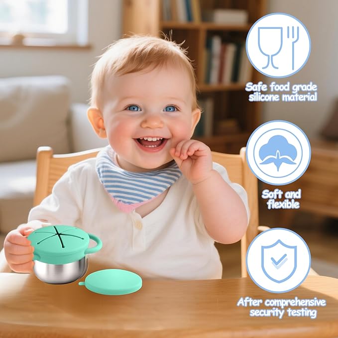 Mity rain Stainless Steel Snack Containers for Toddlers with Spill-Proof Silicone Lids Handles - 3-in-1 Baby Snack Cups, No-Spill Toddler Snack Box (Blue+Green, Two piece set)