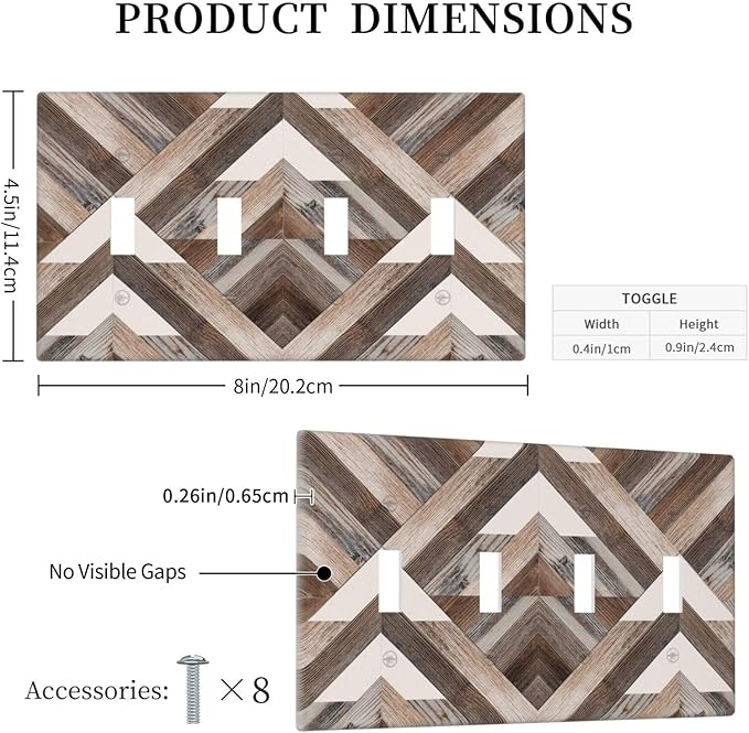 Polygon Collage Abstract Shapes Rustic Wood Panel Print Light Switch Covers Quad Toggle Electrical Faceplate 4 Gang Wall Plate Decorative Switch Plates Cover for Farmhouse Bedroom Decor
