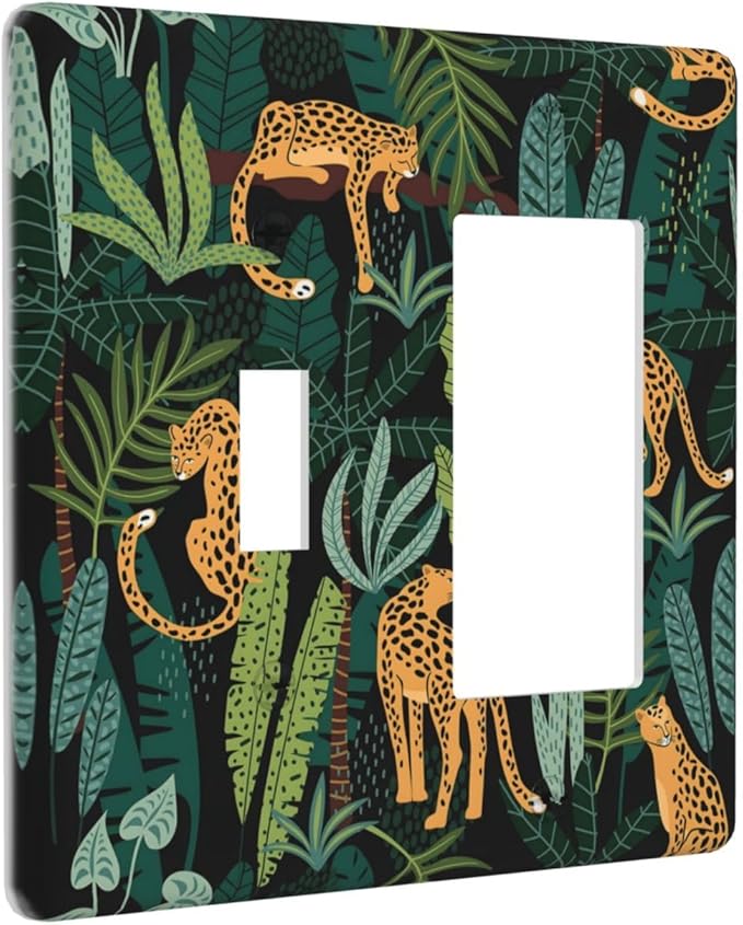 Jungle Cheetah Tropical Wildlife Leopard Green Palm Leaf Outlet Covers 1 Toggle 1 Rocker Combination Decorative Wall Plate Electrical Switch Plates Light Switch Cover Plate for Farmhouse Home Decor