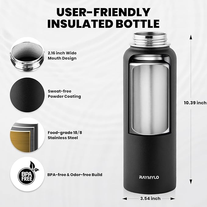 RAYMYLO Insulated Water Bottle 40 oz, Triple Wall Vacuum Stainless Steel (Cold for 36Hrs, Hot for 18Hrs), Leak Proof & Non-BPA, Modern Water Flask Jug with Paracord Handle & Straw Spout Lids