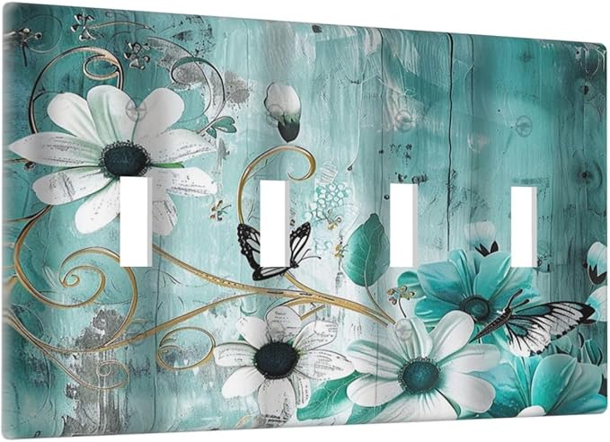 Decorative Switch Plate Covers Turquoise Flowers and Butterflies Rustic Teal White Floral 3 Gang Wall Plate Light Switch Cover Plate Triple Toggle Jumbo Electrical Faceplate for Bedroom Decor