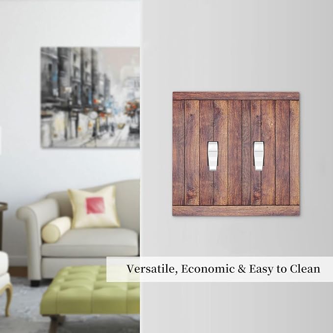 Decorative Switch Plate Cover with Wood Texture Rustic Vertical Planks Brown Design 2 Gang Wall Plate Unique Double Toggle Double Light Switch Covers Vintage Aesthetic Kitchen/Bedroom Decor
