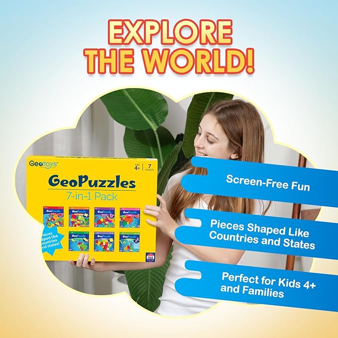 GeoToys GeoPuzzle, Country-Shaped Jigsaw Puzzles Set of 7 in One Box, Geography Puzzle, Map Puzzle - Jigsaw Puzzles for Kids Ages 4+ Years Old, Stocking Stuffers for Kids