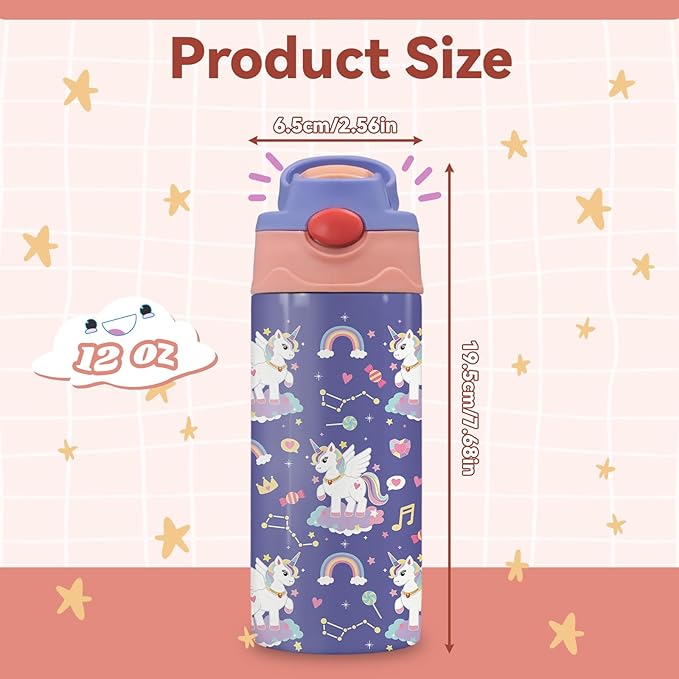 12oz Girl Water Bottle with Straw Lid & Handle - Unicorn Leak Proof Water Bottles Kids, Double-Wall Stainless Steel Pop-top Lid Purple Kids Insulated Bottles for School, Gift Cup for Kid