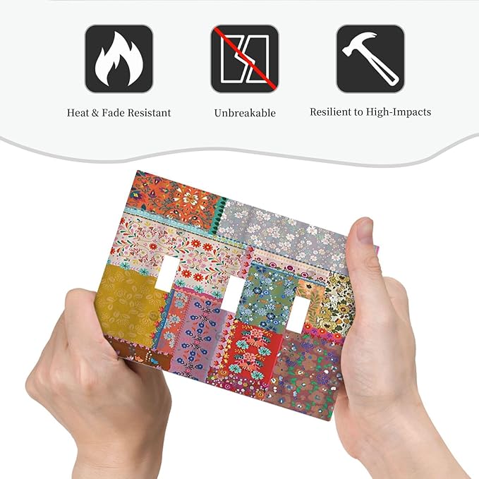Light Switch Cover Boho Patchwork Bohemian Stitching Colorful Floral 3 Gang Wall Plate Triple Light Switch Plate Toggle Decorative Outlet Covers Electrical Switchplate for Bathroom Home Decor