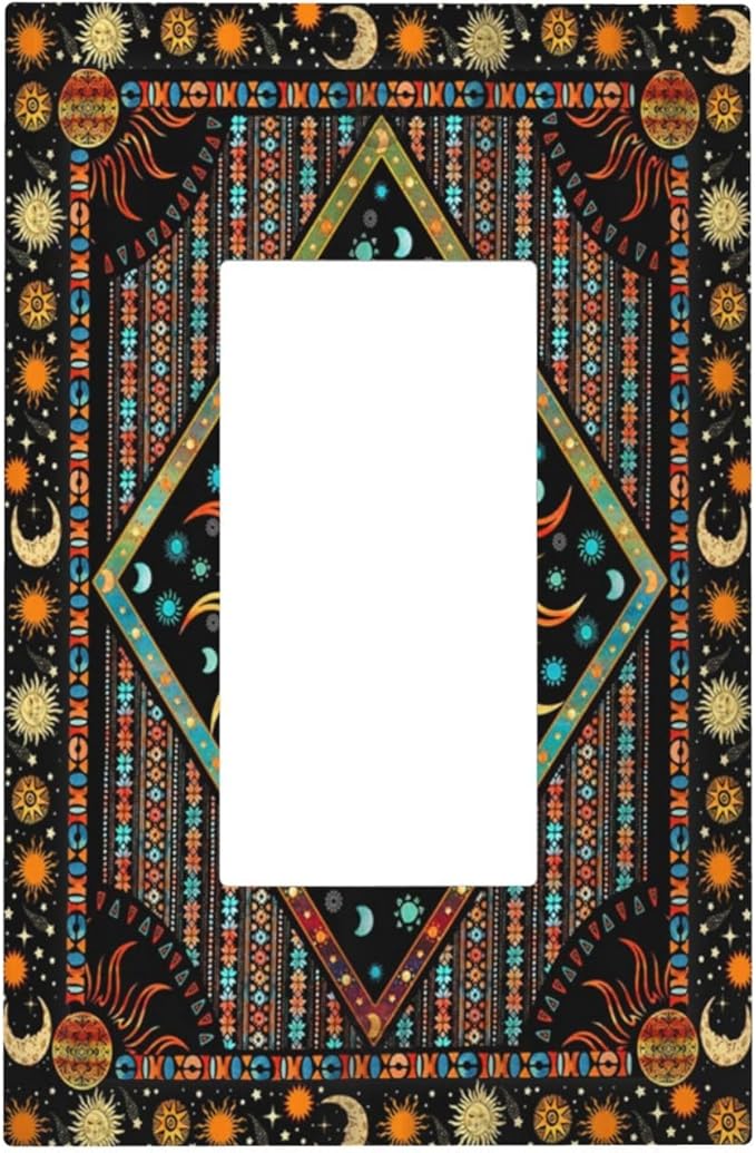 Outlet Covers Boho Burning Sun Hippie Retro Bohemian Gypsy 1 Gang Wall Plate Single Rocker Light Switch Cover Decorative GFCI Receptacle Cover Electrical Switchplate for Bathroom Home Decor
