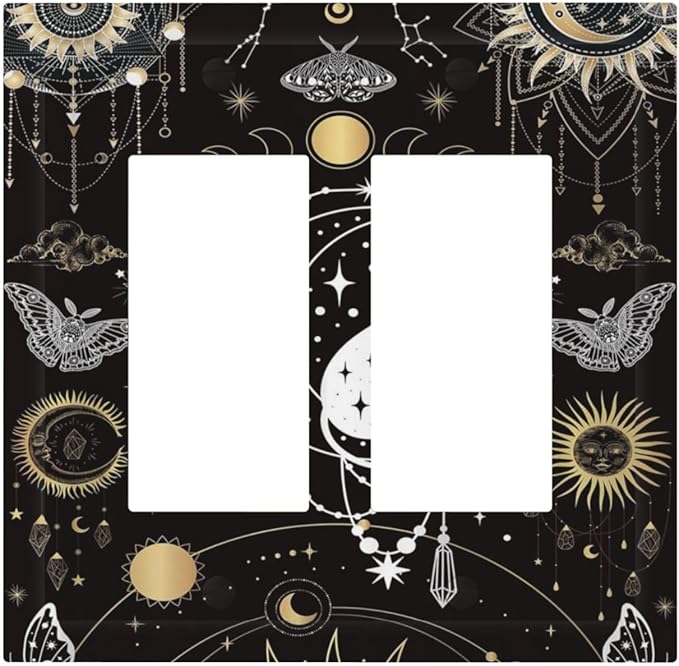 White Cat Tarot Moon Phases Moth Celestial Gothic Decorative Outlet Covers 2 Gang Double GFCI Rocker Electrical Wall Panels Light Switch Cover Plate for Kids Room Bedroom Decor