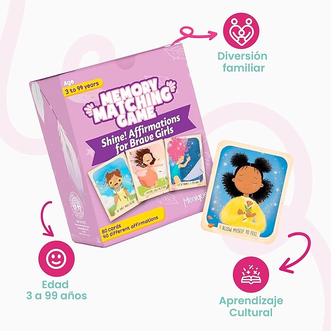 Menique Shine Memory Matching Game – 80 Cards (40 Pairs) with Positive Affirmations for Brave Girls – Motivational & Mindful Matching Game for Confidence and Self-Love