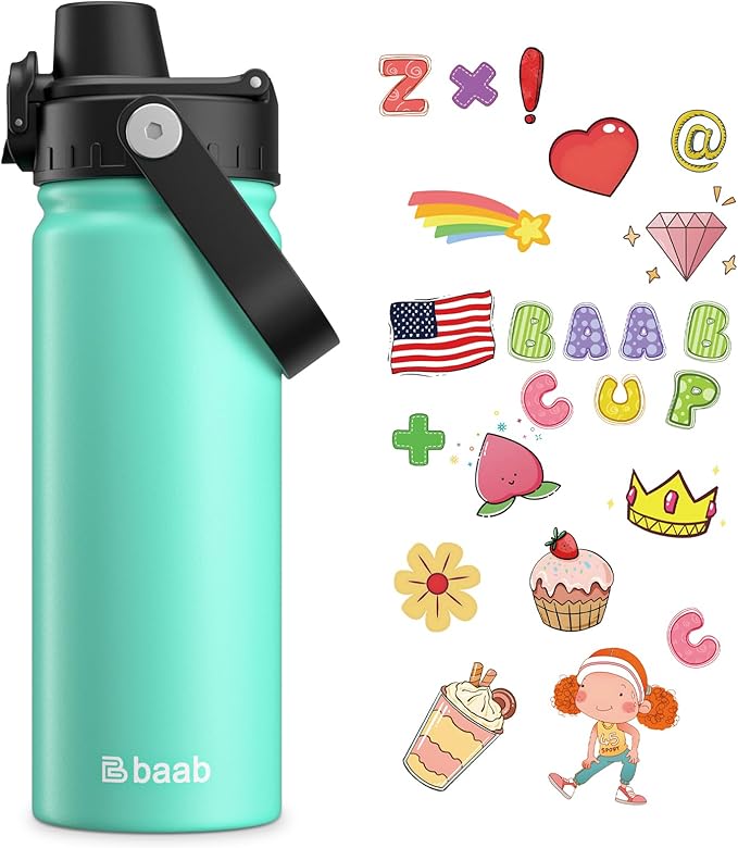 baab 18oz Kids Water Bottle, Insulated Kids Water Bottle with Lockable Spout Lid & Stickers, 18/8 Stainless Steel Vacuum Leakproof Kid Water Cup with Boy Girl & School (Mint Green, 1 Pack)