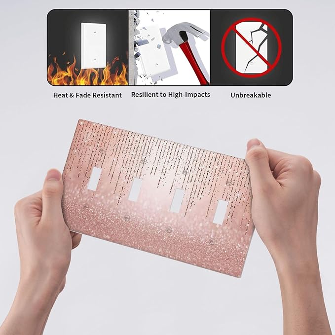 Pink Glittery Bling 4 Gang Light Switch Cover Decorative Quad Toggle Wall Plate Decorative Electrical Faceplate for Kitchen Home Barn Farmhouse Decorate Large 8" x 4.5