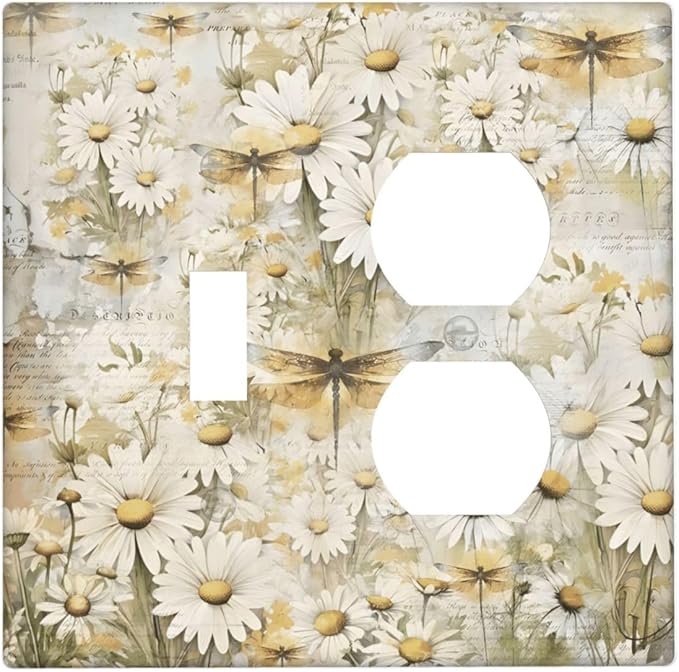 Vintage Letter Paper Wildflowers Dragonfly Daisy Floral Wallplates 1 Toggle 1 Duplex Switch Plate Electrical GFCI Faceplate Decorative Light Switch Covers for Farmhouse Bedroom Decor