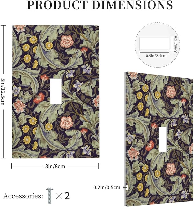 Boho William Morris Floral Green Leaves Flower Decorative Light Switch Cover 1 Gang Single Toggle Device Electrical Faceplate Switchplates Decorator Outlet Wall Plate for Farmhouse Home Decor