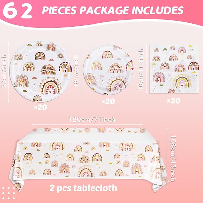 Ryzovo 62 Pcs Boho Rainbow Party Supplies Boho Rainbow Baby Shower Tableware Set Including Paper Plates Napkins Tablecloth for Girls Kids Groovy Boho Birthday Party Baby Shower Decorations | Serve 20