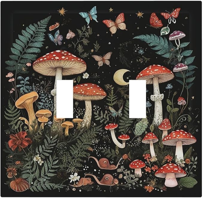 Cartoon Floral Mushroom forest Butterfly Flowers Decorative Switch Plates 2 Gang Double Toggle Wall Plate Electrical Faceplate Outlet Light Switch Cover for Bedroom Kids Room Decor