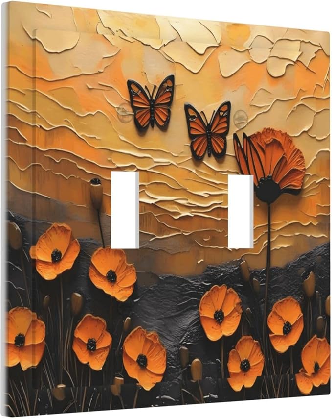 Oil Painting Flower Sunset Butterfly Vintage Rustic Floral Decorative Switch Plates 2 Gang Double Toggle Outlet Light Switch Cover Wall Plate Electrical Faceplate for Bedroom Living Room Decor