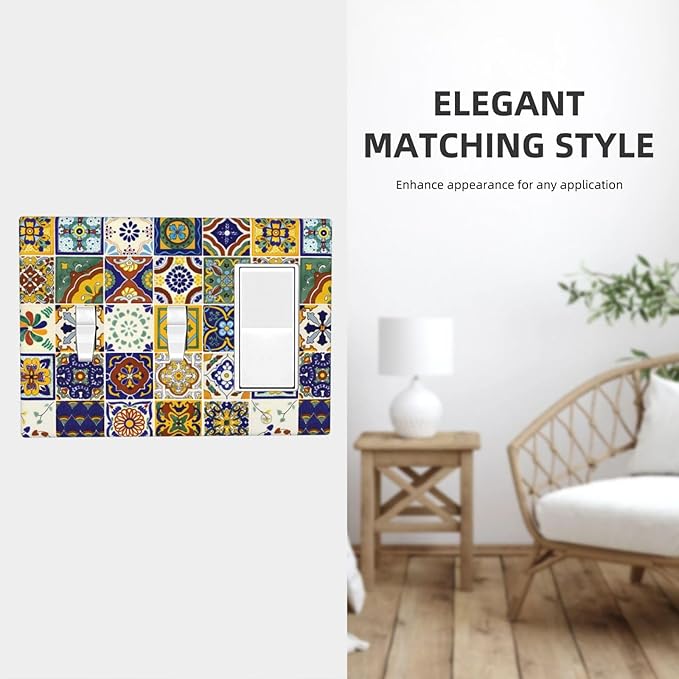 Decorative 3-Gang 2-Toggle 1-GFCI/Decorator Combination Light Switch Cover Kitchen Yellow/Blue Mexican Tile, Sun Moon Moroccan Boho Tile Combo Double Toggle Switches/Rocker Outlet Cover and Wall Plate