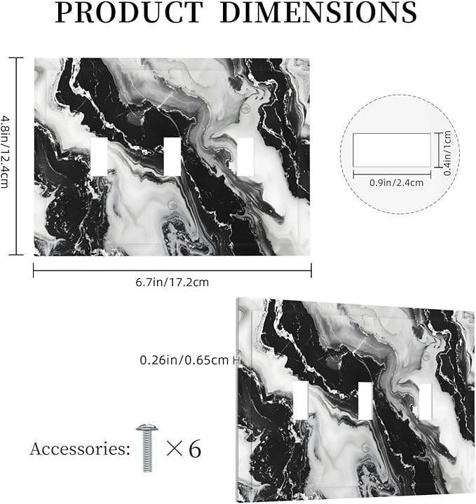 Ink Painting Marble Black White Abstract Luxurious Print Decorative Switch Plates 3 Gang Wall Plate Triple Toggle Light Switch Cover Faceplate Electrical Wall Panels for Kitchen Office Decor