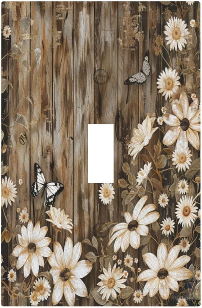 Light Switch Cover Plate Rustic Wood Butterflies Flowers Botanical 1 Gang Single Toggle Decorative Switch Plates Wall Plates Electrical Faceplate for Farmhouse Cabin Decor
