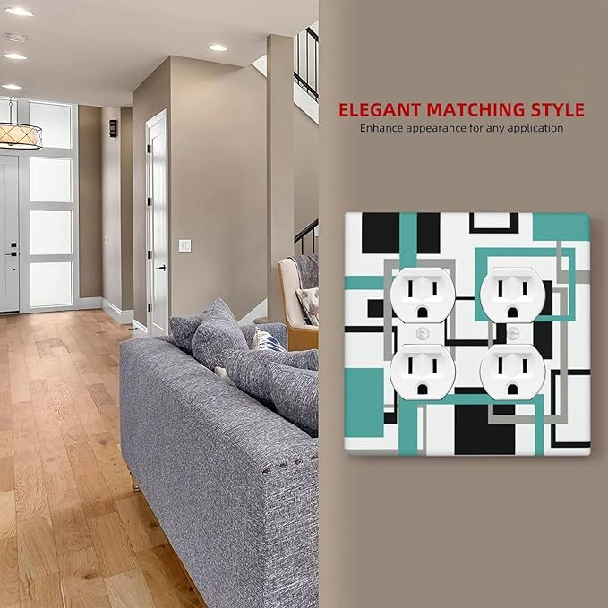 Geometric Turquoise Black Gray Modern Abstract Boho Outlet Covers 2 Gang Double Duplex Decorative Light Switch Covers Electrical Wallplates Socket Faceplate for Office Nursery Decor