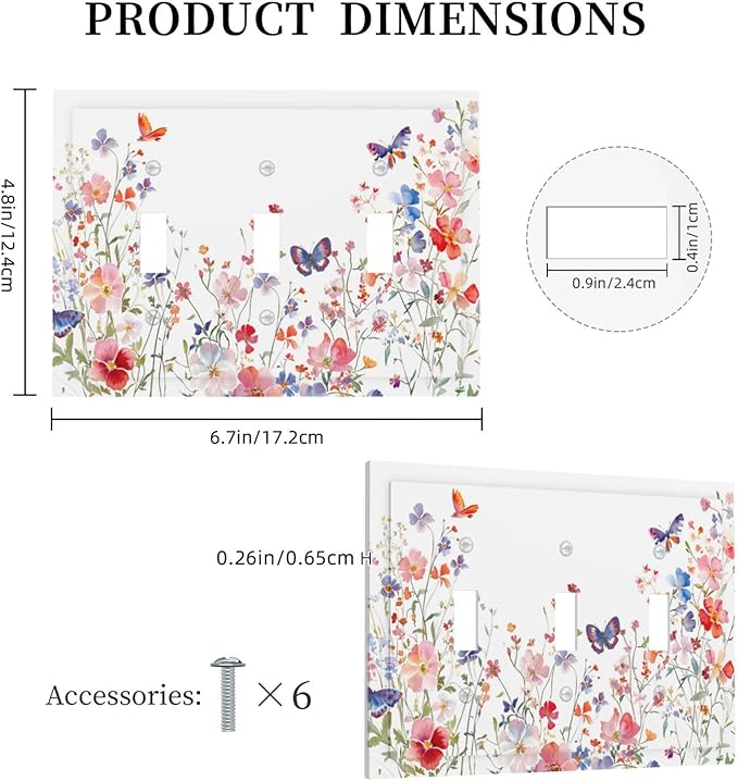 Colorful Flower Watercolor Floral Butterfly Bird Decorative Switch Plates 3 Gang Wall Plate Triple Toggle Light Switch Cover Faceplate Electrical Wall Panels for Bedroom Living Room Decor