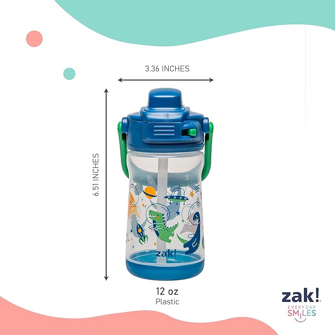Zak Designs Beacon Kid Water Bottle for Travel or At Home, 12oz Plastic is Durable and Leak-Proof with Liquid Lock Spout, Cover, Carry Handle, Protective Base (Dinosaur)