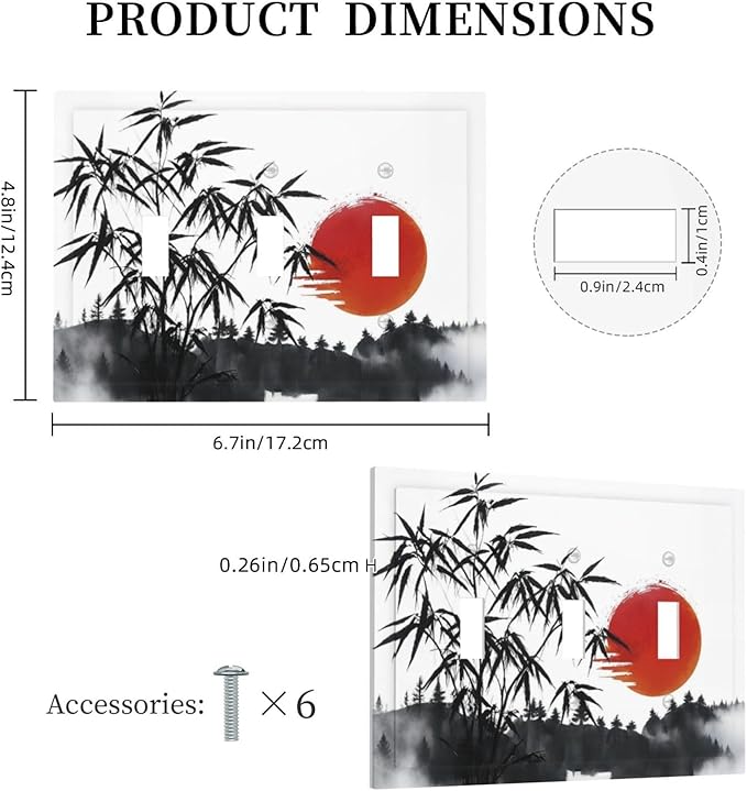 Decorative Light Switch Plate Covers Artistic Describe Black Bamboo Japanese Red Sun 3 Gang Wall Plate Switch Cover Plate Triple Toggle Jumbo Electrical Faceplate for Bedroom Decor