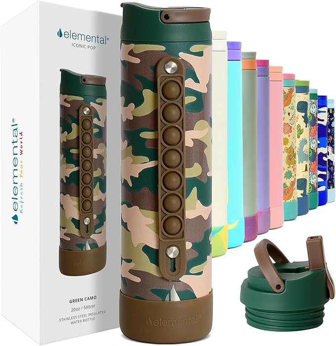 Elemental Iconic Kids Water Bottle for School - 100% Leak-Proof Insulated Water Bottles with Straw Lid & Pop-It Handle for Boys & Girls - Triple-Wall Insulated & BPA-Free, 20oz – Green Camo