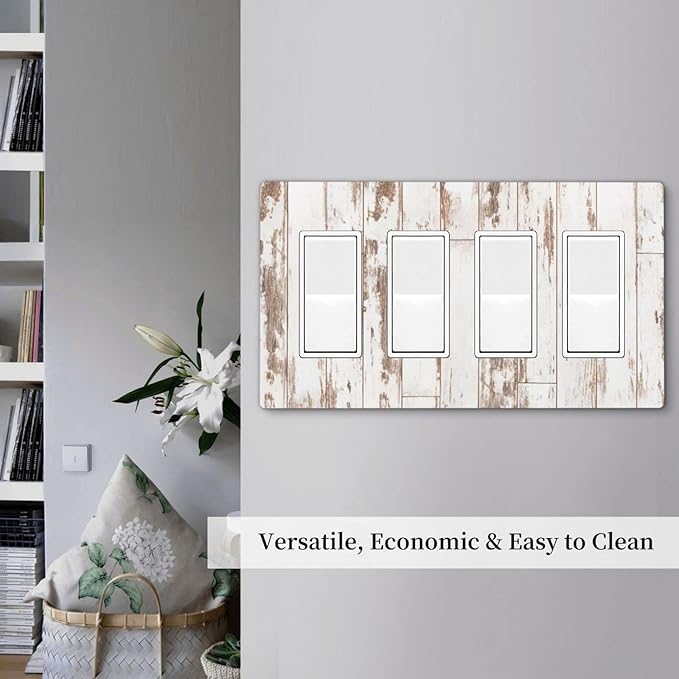 White Grey Wood 4 Gang Quad Rocker/Decor Light Switch Cover Plate Decorative Electrical Faceplate for Bathroom Room Decorate Jumbo Size Screwless 8.3" x 4.6