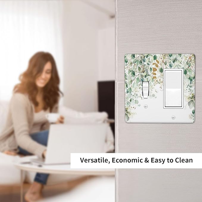 Gold Green Eucalyptus Leaves Plants Flowers Floral Outlet Covers 1 Toggle 1 Rocker Combination Decorative Wall Plate Electrical Switch Plates Light Switch Cover Plate for Bedroom Living Room Decor