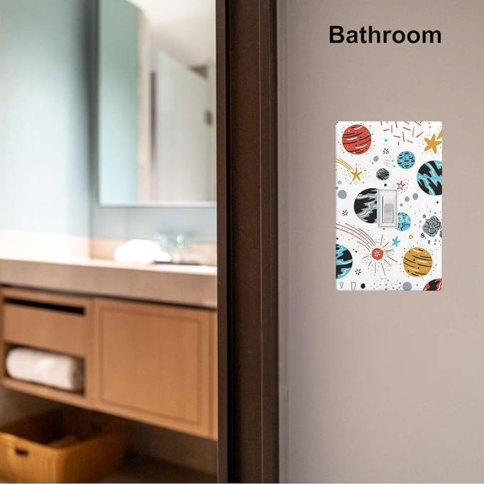 Space Planets Stars 1-Gang Toggle Light Switch Plate, Cartoon Space Wall Plate for Kids Room, Playroom, Bathroom & Kitchen