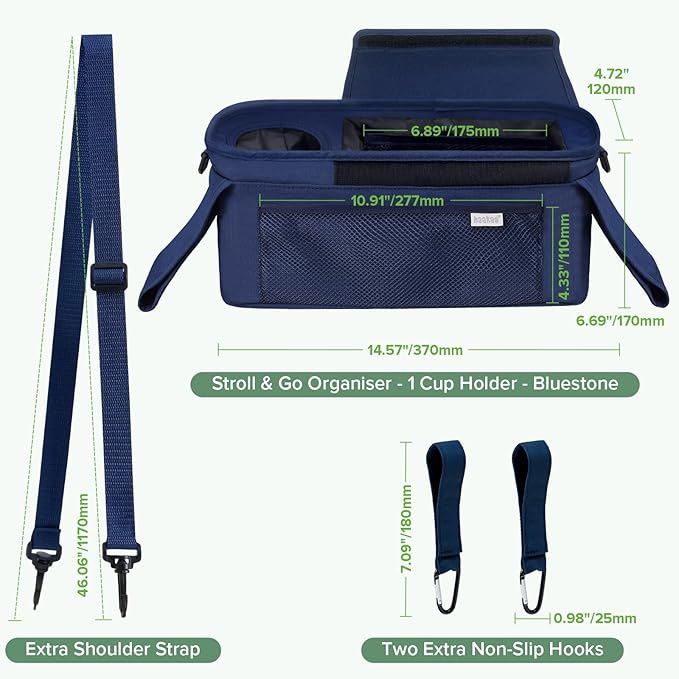 haakaa Universal Stroller Organizer - Bluestone, Single Cup Holder, Stroller Caddy Accessories with Shoulder Strap & Extra Non-Slip Stroller Hook, Fits Most Strollers