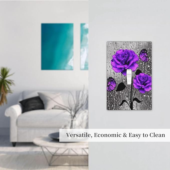 Purple Rose Butterfly Print Decorative Light Switch Cover 1-Gang Romantic Gray Blossom Flowers Floral Raindrops Art Single Toggle Wall Plate Electrical Device Outlet Switch Faceplate Cover Jumbo Size