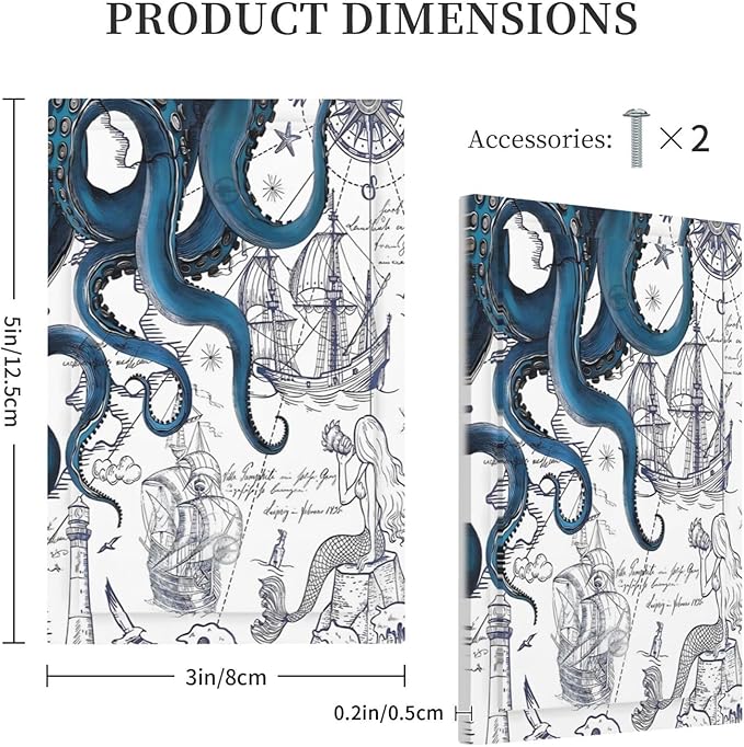 Nautical Vintage Map Octopus Mermaid Lighthouse Boat Light Switch Cover Plate 1 Gang No Device Blank Electrical Wall Plates Faceplate Decorative Switch Plate Covers for Bathroom Kids Room Decor