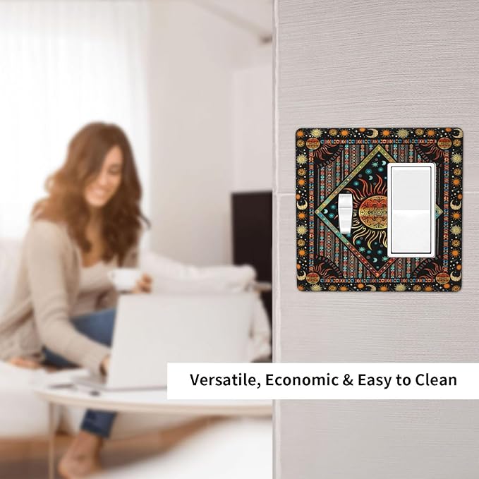 Light Switch Cover Boho Burning Sun Hippie Retro Bohemian Gypsy 2 Gang Toggle Rocker Combo Wall Plates Decorative Switch Plates and Outlet Covers Receptacle Cover for Bathroom Home Decor