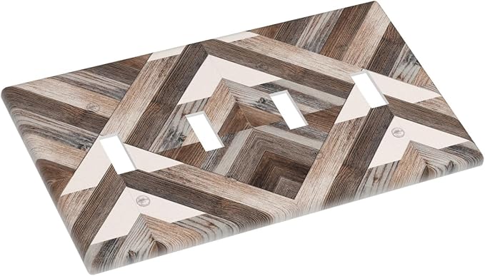Polygon Collage Abstract Shapes Rustic Wood Panel Print Light Switch Covers Quad Toggle Electrical Faceplate 4 Gang Wall Plate Decorative Switch Plates Cover for Farmhouse Bedroom Decor