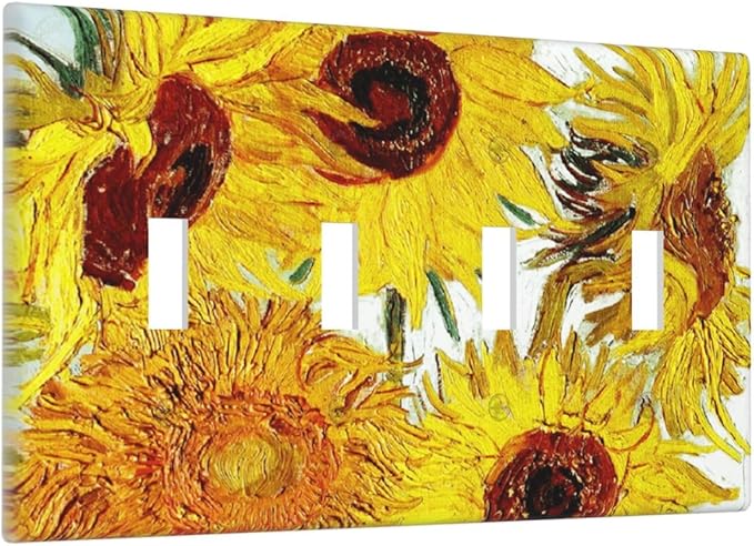 Rustic Sunflower Oil Painting Vintage Flowers Light Switch Covers Quad Toggle Electrical Faceplate 4 Gang Wall Plate Decorative Switch Plates for Bed Room Living Room Decor