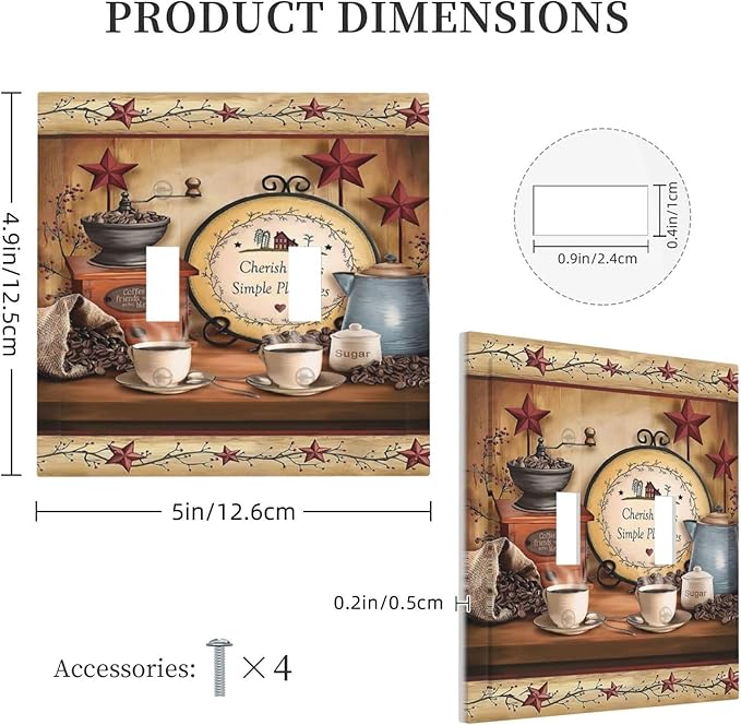 Kitchen Cafe Texas Star Coffee Beans Cup Bar Double Toggle Wall Plate Decorative 2-Gang Light Switch Cover Clock Restaurant Country Cottage Hotel Life Electrical Receptacle Outlet Face Plate Cover