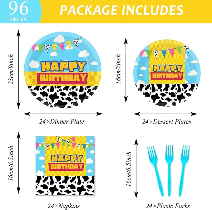 gisgfim 96 Pcs Cartoon Story Party Plates and Napkins Party Supplies Cow Pattern Blue Sky Tableware Set Cartoon Story Decorations Favors for Birthday Baby Shower for 24 Guests