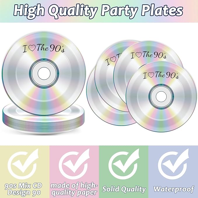 50Pcs 90's Party Paper Plates and Napkins 90's Mix CD Dessert Plates Retro 90s Theme Party Decorations I Love the 90s Tableware Set Serves 25 Guest 1990's Back to the 90 s Birthday Party Supplies