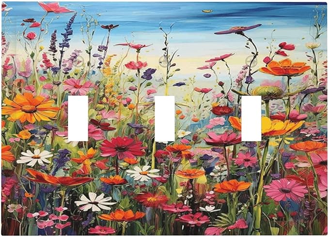 Colorful Wildflowers Painting Floral Flower Decorative Switch Plates 3 Gang Wall Plate Triple Toggle Light Switch Cover Faceplate Electrical Wall Panels for Bedroom Living Room Decor