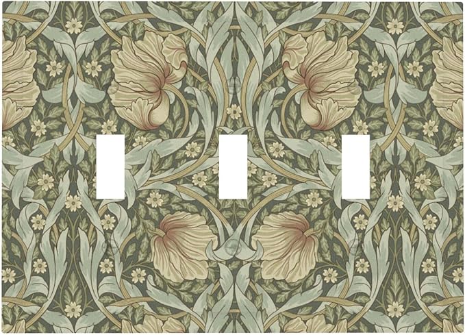 William Morris Pimpernel Flowers 3 Gang Light Switch Cover Vintage Floral Green Botanical Triple Toggle Wall Plate Decorative Electrical Switchplates for Country Bedroom Kitchen Home Decor