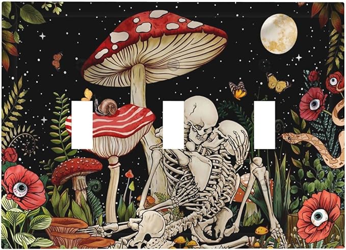 Skeleton Moon Star Plants Flora Triple Toggle Light Switch Cover Decorative 3 Gang Wall Plates Electrical Faceplate Mushroom Skull for Decor Bathroom Kitchen Bedroom