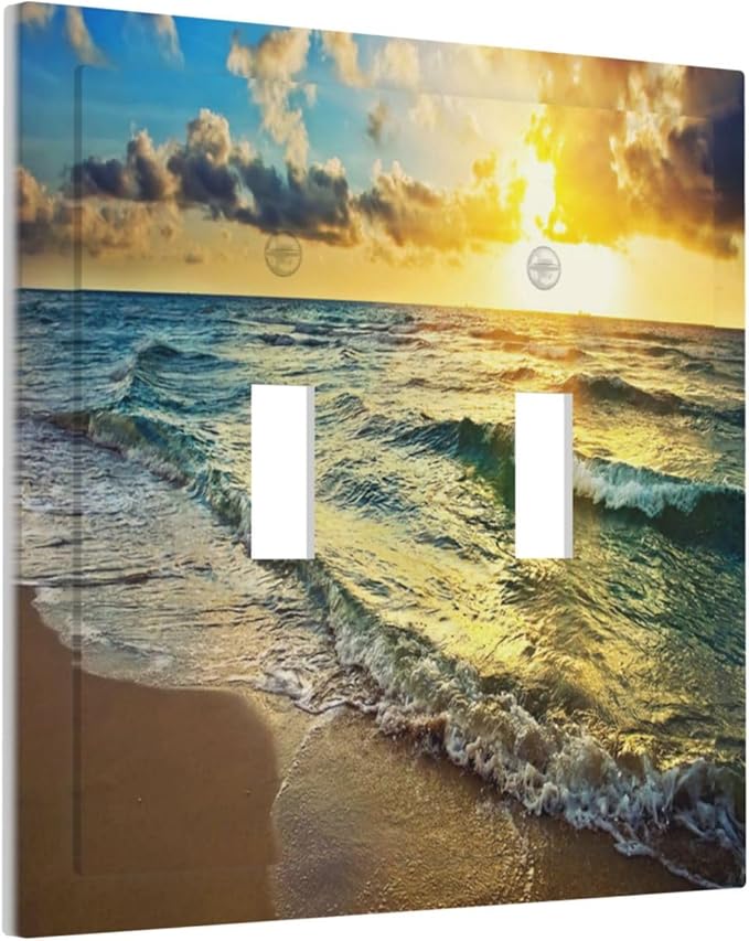 2 Gang Double Toggle Light Switch Cover Sea Ocean Beach Sun Wave Sunrise Sunset Seaside Coastal Electrical Mid Size Switch Face Wall Plate Tropical Hawaii Scenery Electrical Socket Plate Outlet Covers