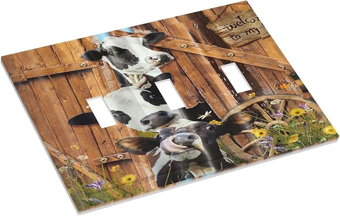 Decorative Switch Plate Covers Farm Cow Farmhouse Barn Door Rustic Vintage Wooden 3 Gang Light Switch Cover Country Wildlife Funny Triple Toggle Wall Plate Electrical Faceplate