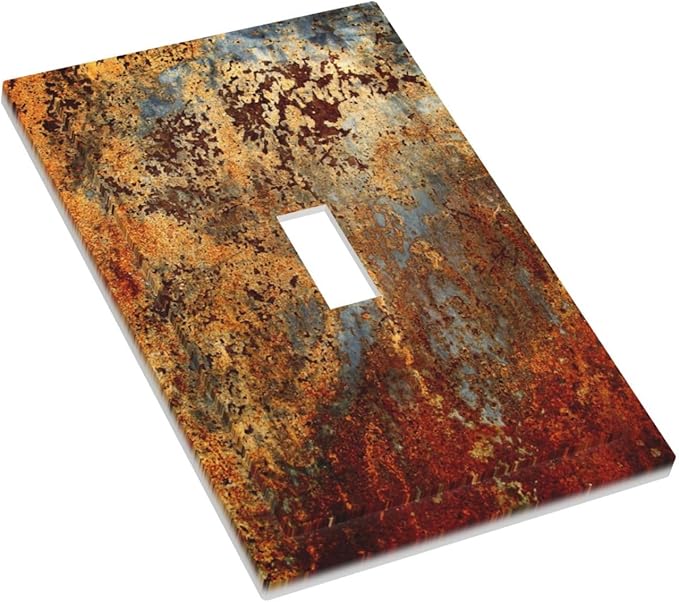 Shabby Old Aged Rust Rusty Tumbled Antique Brass Patina Copper Metal Print 1 Gang Single Toggle Electrical Outlet Light Switch Wall Plate Receptacle Face Plate Cover Decorative One Device Switchplate
