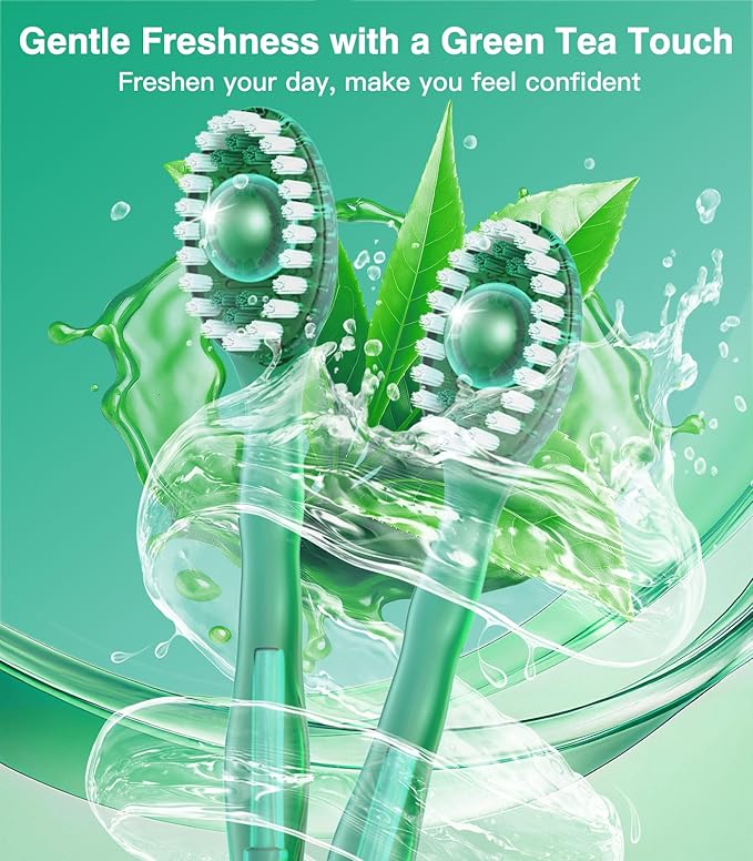 12 Pack 5 in 1 Disposable Mini Toothbrushes with Toothpaste, Floss, Pick & Tongue Scraper, Individually Wrapped, Portable Toothbrush Travel Set for Kids Adults, Green Tea Flavor