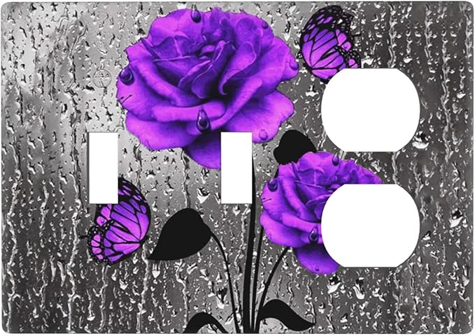 Purple/Gray Blossom Flowers Rose Butterfly Valentine Day 3-Gang 2-Toggle 1-Duplex Device Combination Wall Plate Decorative Combo Double Toggle/Single Duplex Receptacle Outlet Light Switch Cover Plate