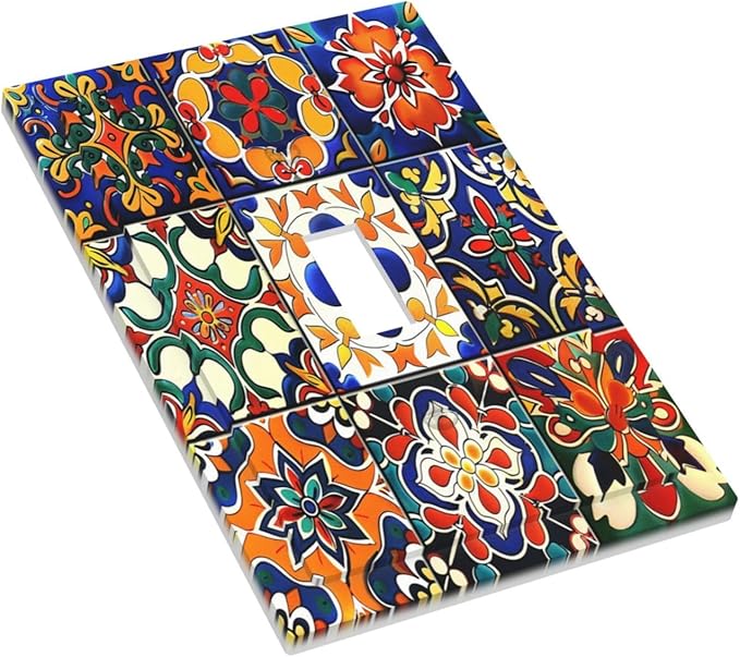 Decorative Light Switch Cover Colorful Mexican Talavera Vintage Boho Floral 1 Gang Single Toggle Device Electrical Faceplate Switchplates Decorator Outlet Wall Plate For Farmhouse