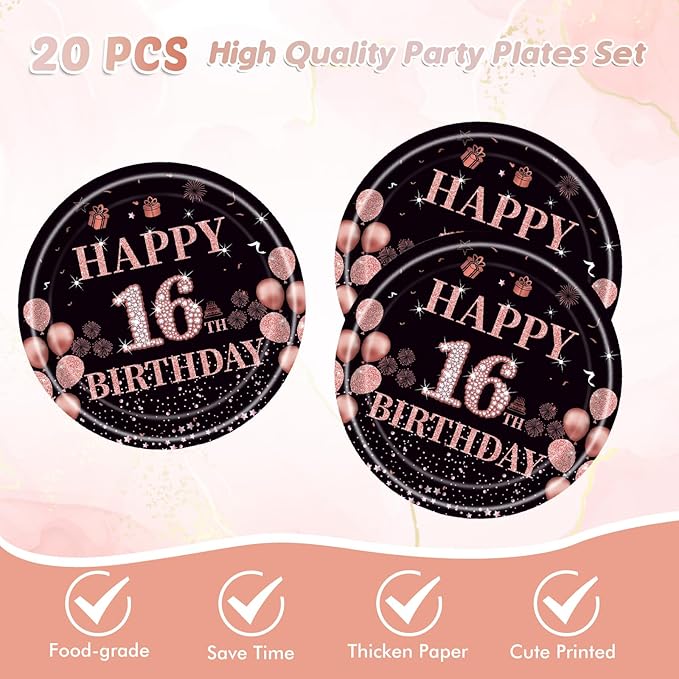 41Pcs 16th Birthday Party Decorations for Girls Her, Rose Gold Birthday Supplies Include 20 Plates 20 Napkins and 1 Tablecloth, Sweet Sixteen Year Old Birthday Party Tableware for Girls Kids Children